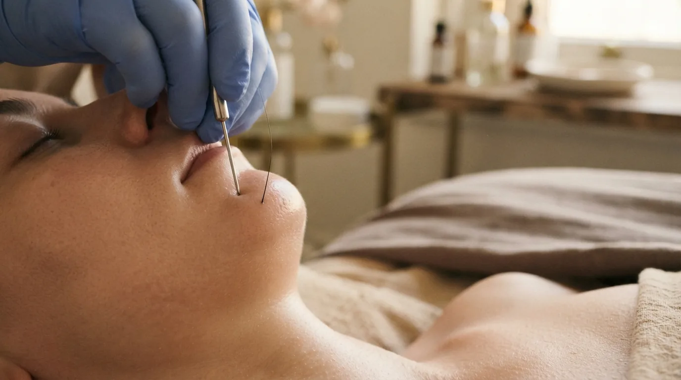 Electrolysis hair removal on the upper lip: a gloved therapist guides a fine probe into a hair follicle while the client rests with her eyes closed