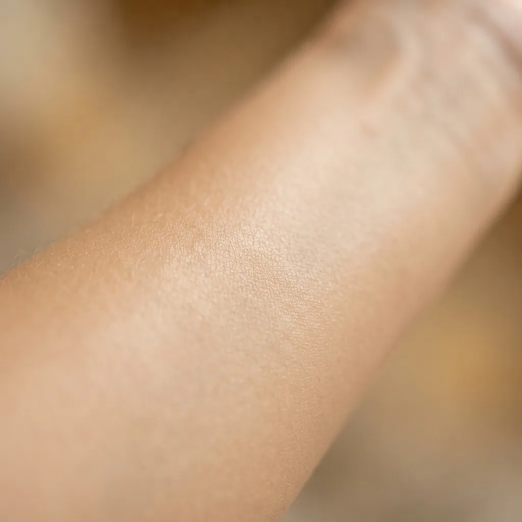 Macro close-up of calm, even-toned skin with fine natural texture and no redness or pigment change after treatment
