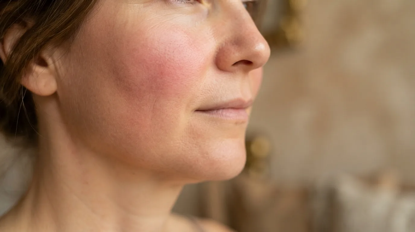 Profile close-up of a woman's cheek with rosacea, showing diffuse redness and flushing across the cheekbone and nose