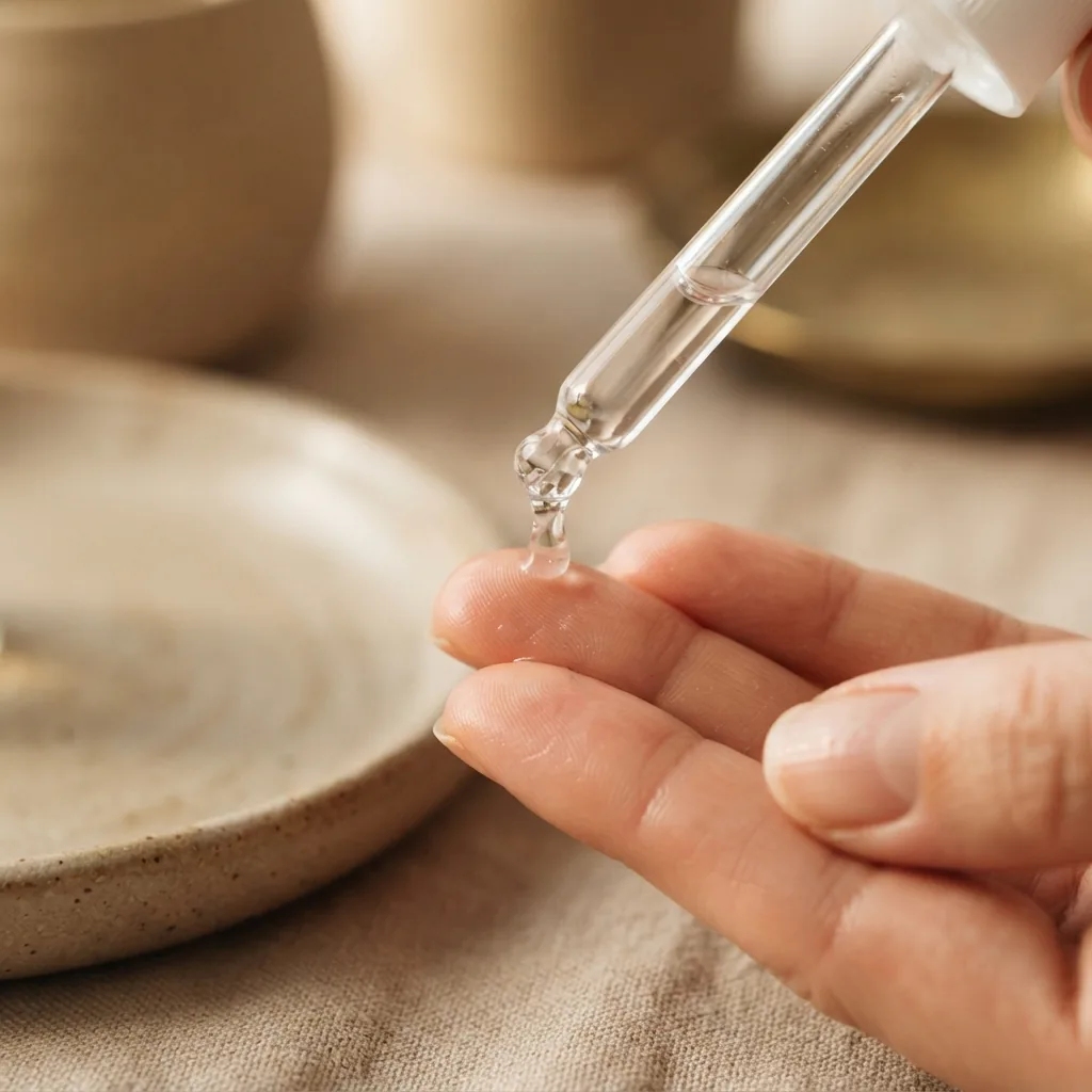 A drop of clear hyaluronic acid serum falling from a glass pipette onto fingertips beside a ceramic dish